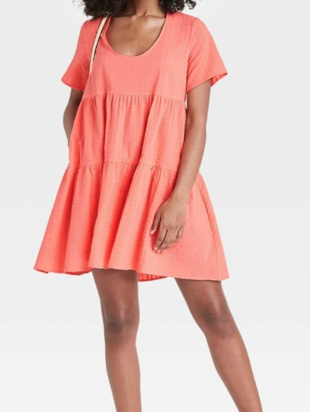 A New Day Coral Peach Textured Tiered Mini Dress Short Sleeve XXL Pockets